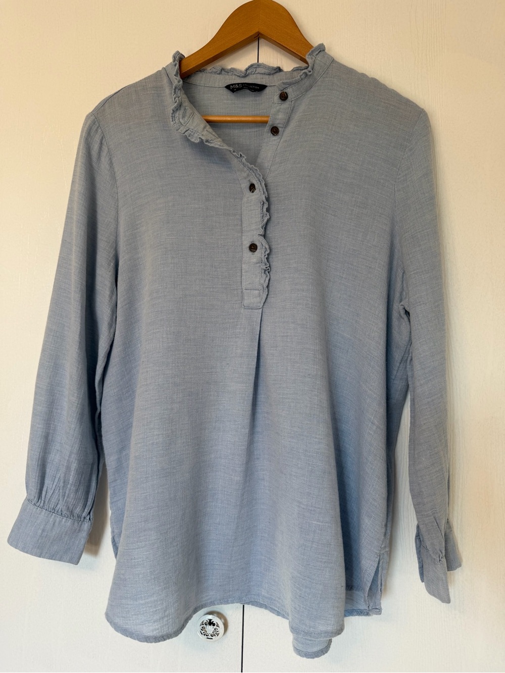 M&S Collection Women’s Chambray Ruffled Henley Blouse Sz 10